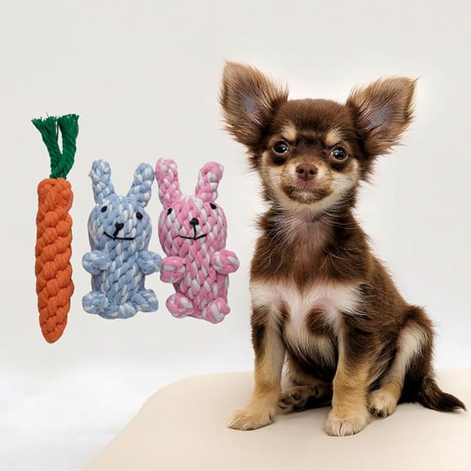 HILLBERRY Dog Rope Chew Toy Cotton Pink and Blue Rabbits and Carrot Bundle Set for Teething Puppy, Small, Miniature and Toy Breed Cute Pet Play Essentials-Mewly Pet