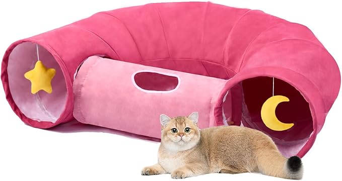 Cat Tunnel, Large Indoor Durable Collapsible Interactive Cat Tube with Peek-A-Boo Hole, Hanging Toys, and Crinkly Paper Lining - Cute Tunnel for Cats, Kittens, Puppies & Rabbits, Pink-Mewly Pet