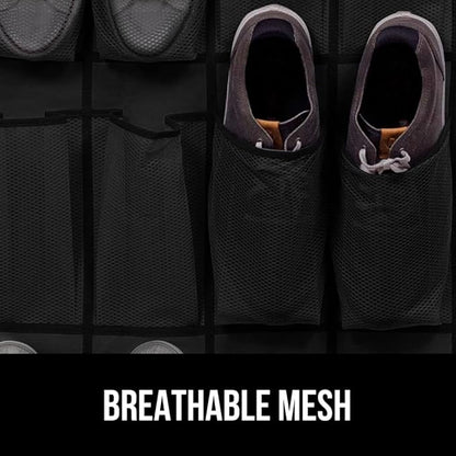 GORILLA GRIP Over the Door Shoe Organizer, 12 Large Breathable Mesh Pockets, Space Saving Hanging Storage Holder, 2 Hook Closet Rack Hanger, Hangs on Closets for Shoes, Accessories, 64H x 9.5W Black
