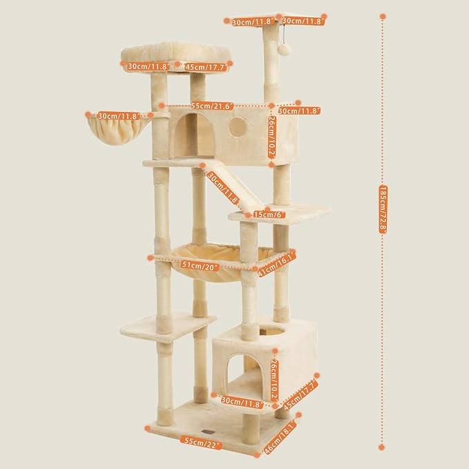 73 inches Large Cat Tree for Indoor Cats, Tall Cat Tower with Sisal Scratching Posts and Pads, Padded Plush Perch, Cozy Basket, Plush Condo for Large Cats (Beige)-Mewly Pet