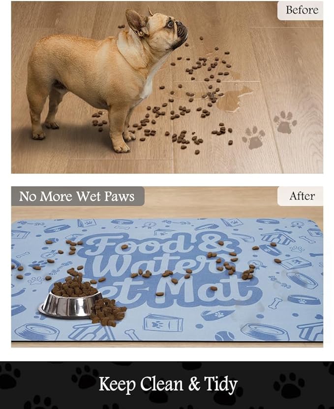 Pet Feeding Mat-Absorbent Dog Mat for Food and Water Bowl-No Stains Quick Dry Water Dispenser Mat-Dog Accessories Pet Supplies-Bowl for Messy Drinkers（Words,12"x19"-Mewly Pet