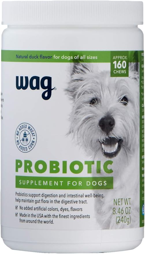 Amazon Brand - Wag Probiotic Supplement Chews for Dogs, Supports Digestive Health and Gut Flora, Natural Duck Flavor, 160 Count, Pack of 1-Mewly Pet