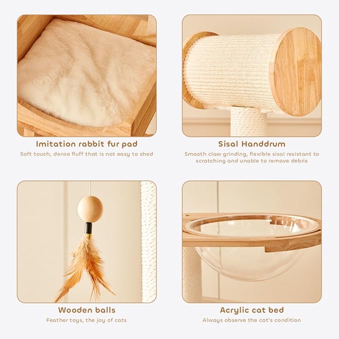 Wood Cat Tree for Indoor Cats, Modern Cat Tower, Unique Cat Condo with House, Tall Luxury Furniture with Heavy Duty Wide Base, Kraft Paper Rope Scratching Post, Removable Cushion (74.8-inch)-Mewly Pet