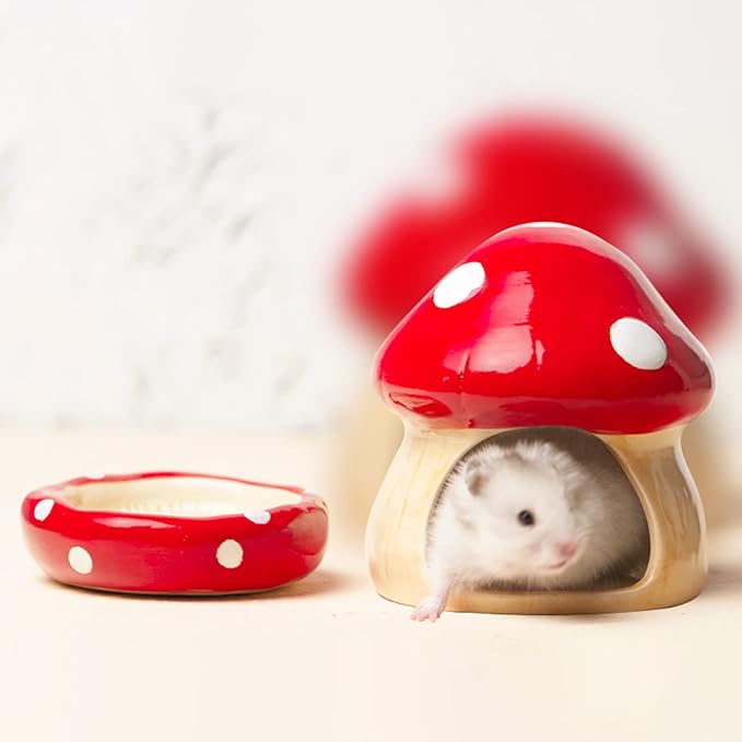 Ceramic Mushroom Guinea Pig House Hamster Hide Bed Includes Hamsters Food Bowl Guinea Pig Hideout for Hamster Chinchilla Hedgehog Rat Small Animals(Red Mushroom Set)-Mewly Pet