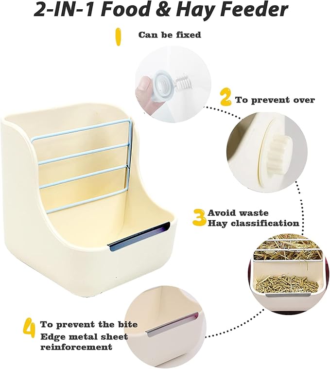 HERCOCCI Rabbit Hay Food Bin Feeder and Bunny Water Bottle Set, Hay Food Feeder Bowls Manger Rack with 500ml Hanging Water Dispenser Prevent Knock Over for Rabbit Guinea Pig Chinchilla (Large, White)-Mewly Pet