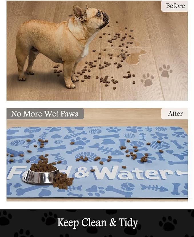 Pet Feeding Mat-Absorbent Dog Mat for Food and Water Bowl-No Stains Quick Dry Water Dispenser Mat-Dog Accessories Pet Supplies-Bowl for Messy Drinkers（Bone,16"x24"-Mewly Pet