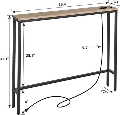 ELYKEN 5.9" Narrow Console Sofa Table with Power Outlets, 5.9" Dx39.4 Wx31.1 H Long Couch Table with Metal Frame and Charge Station with 6.5’ Extension Cord, White Oak