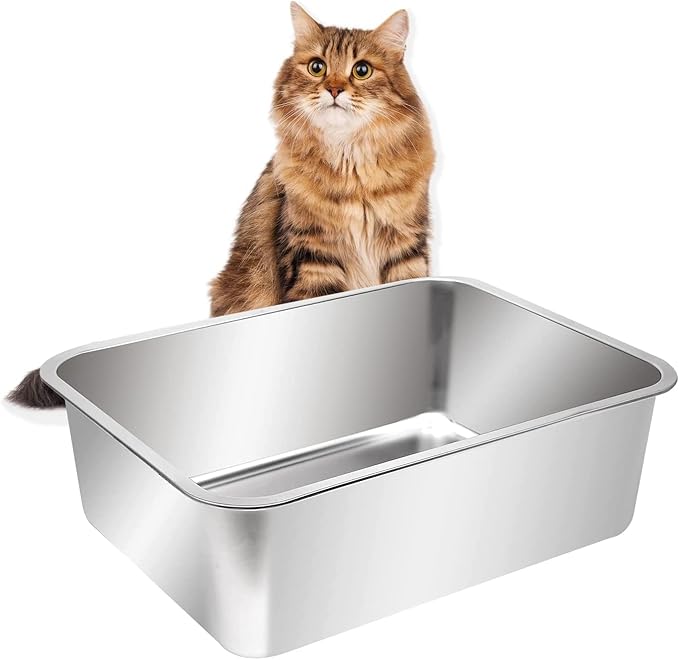 Kichwit Large Stainless Steel Cat Litter Box with High Sides, Metal Litter Pan for Big Cats, Non Stick Smooth Surface, Easy to Clean (23.4" L x 15.5" W x 7.6" H)-Mewly Pet