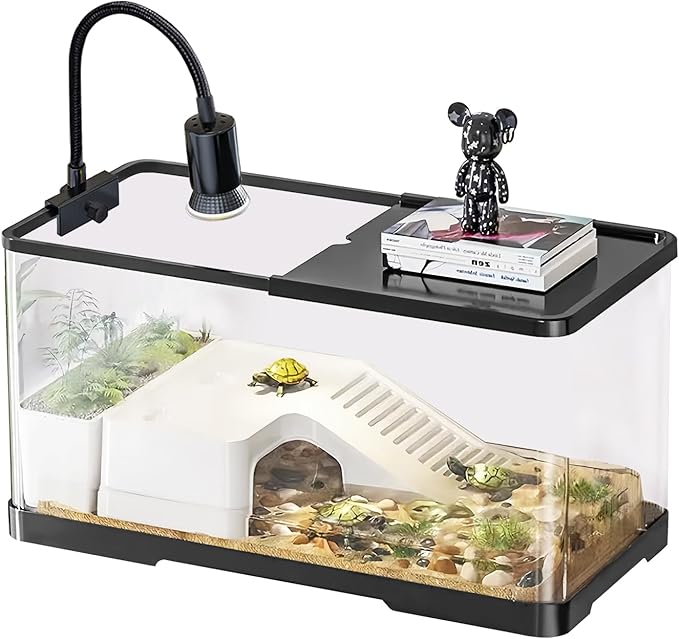 (Tank + Light + Filter + Filter Balls) Turtle Tank Kit, Turtle Tank Starter Kit,Bottom Drainage, Multi-Function Areas for Turtles, Crabs,Fishes, Amphibians,Reptiles.(15.75 x 8.64 x 8.64 Inch)-Mewly Pet