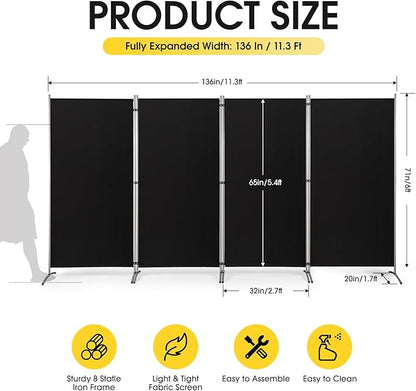 RANTILA 4 Panel Room Divider, 6 Ft Tall Folding Privacy Screen Room Dividers, Freestanding Room Partition Wall Dividers, 136''W x 20''D x 71''H, Black