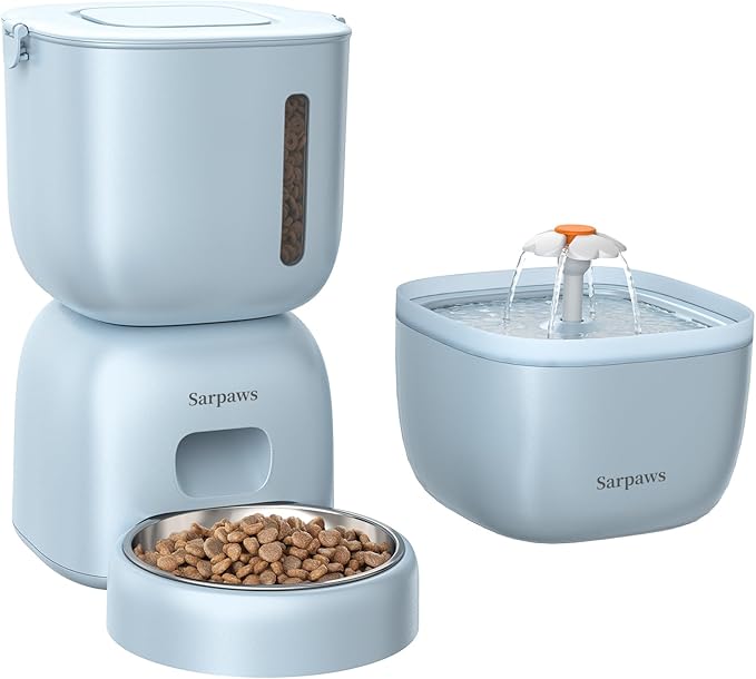 Automatic Cat Feeder and Water Dispenser FW1, Wire or Battery Cat Food Dispenser Timer Pet Feeder - Locking Lid, Desiccant Bag, Programmable Portion Control, 4 Daily Meals, 10s Voice Recorder-Blue-Mewly Pet