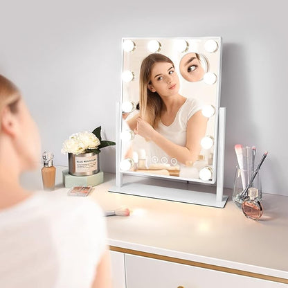 Vanity Makeup Mirror with Lights,3 Color Lighting Modes Detachable 10X Magnification Mirror Touch Control,360°Rotation, White (14.6Inch)