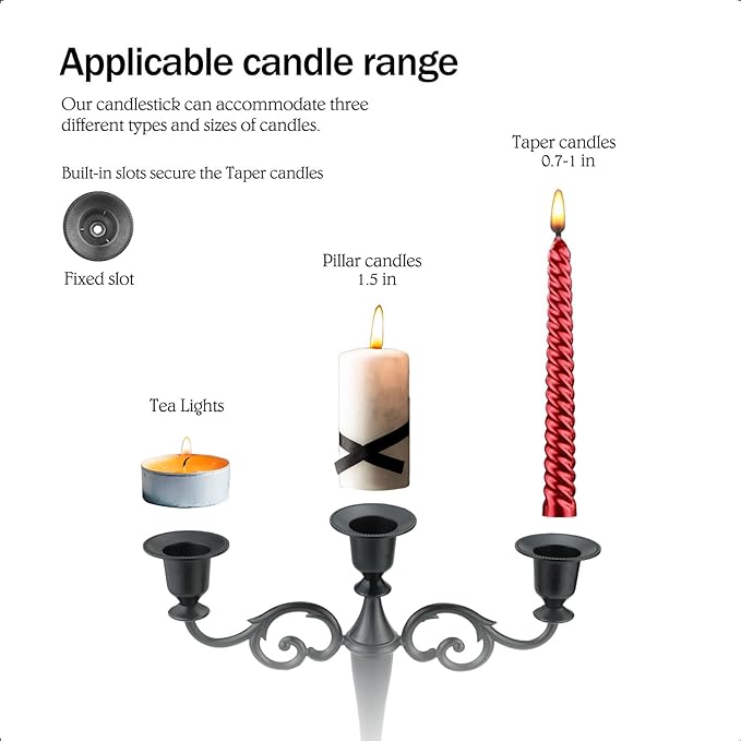 Silver Candle Holder，5 Arms Metal Candle Holders for Taper Candles（10.6 inch Tall Candelabra, for 1/2-1 inch Pillar Candles Diameter Each）,Candlestick Holders Centerpiece Decoration