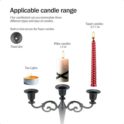 Silver Candle Holder，5 Arms Metal Candle Holders for Taper Candles（10.6 inch Tall Candelabra, for 1/2-1 inch Pillar Candles Diameter Each）,Candlestick Holders Centerpiece Decoration