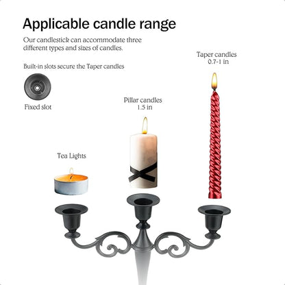 3 Candle Metal Candelabra – Candlesticks Holder for Formal Events, Wedding, Church, Holiday Décor, Halloween – Taper Candle Holder Stand Centerpiece Elegant Decoration Piece for Table,Bronze