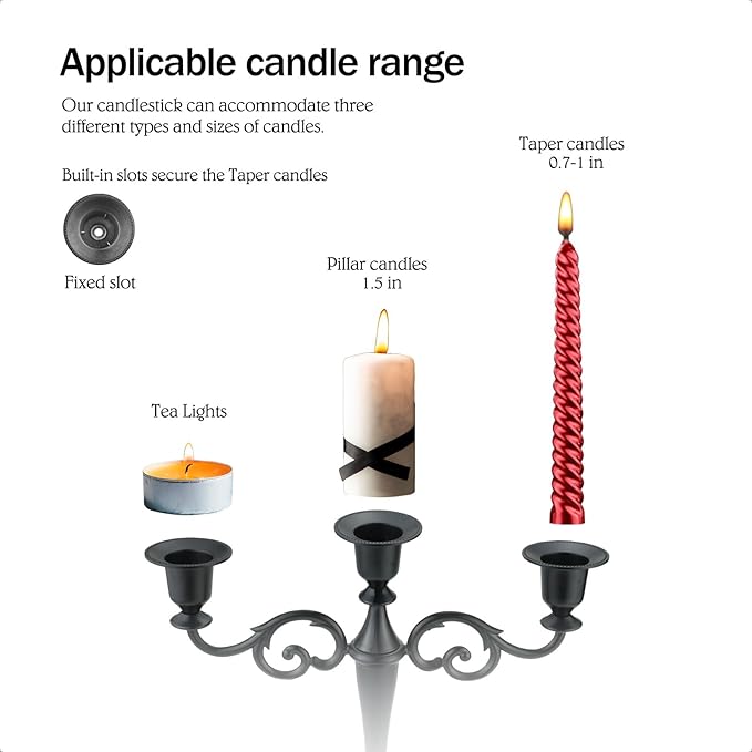 Metal Candle Holder，5 Arms Pure Black Candle Holders for Pillar Candles（10.6 inch Tall Candlestick Holders, for 1/2-1 inch Taper Candles Diameter Each）,Candelabra Decoration