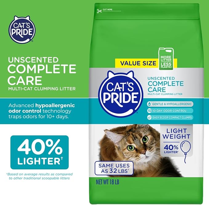 Cat's Pride Premium Lightweight Clumping Litter: Complete Care - Up to 10 Days of Powerful Odor Control - Hypoallergenic - Multi-Cat, Unscented, 18 Pounds-Mewly Pet