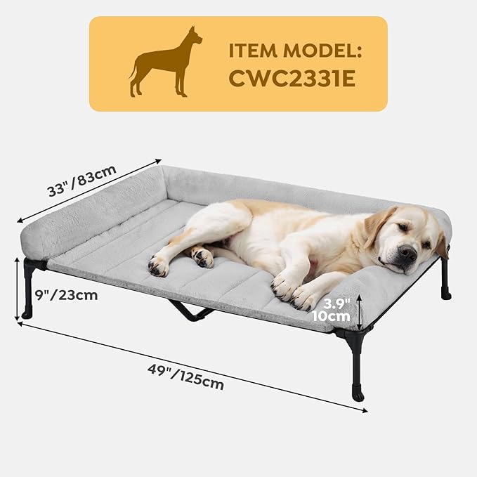 Veehoo Cooling Elevated Dog Bed with Fluffy Plush Bolster Cushion, Indoor Raised Dog Beds for Large Dogs, Soft Pet Sofa Cot with Removable Washable Mat, No-Slip Feet, 49 x 33 inches, Grey-Mewly Pet