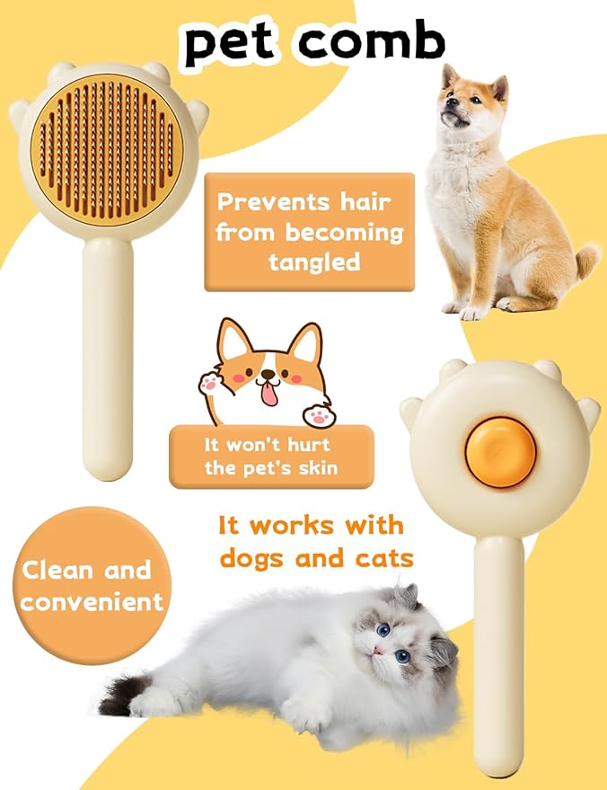 Cat Brush,Dog Brush, Pet Hair Cleaner Brush,Pet Grooming Cat Dog Brush,Pet Comb-Cat Comb for Kitten Massage Removes Loose Fur-Cat Grooming Brush Long Short Hair Cats Dogs Pet Brush (Yellow)-Mewly Pet