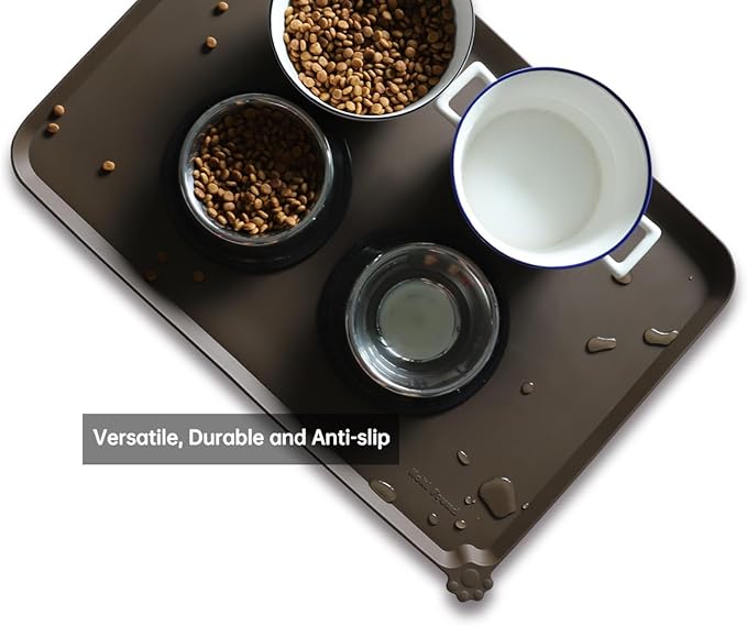 Hoki Found Large Silicone Pet Food Mats Tray - Non Slip Pet Dog Cat Bowl Mats Placemat - Dog Pet Cat Feeding Mat - Waterproof Dog Cat Food Mats -Pet Water Mats for Floors - Coffee-Mewly Pet