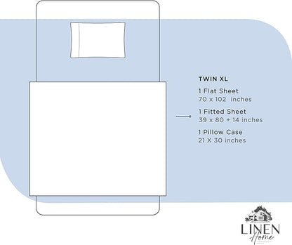 Linen Home 100% Cotton Percale Sheets Twin XL Size, Baby Blue, Deep Pocket, 3 Pieces Set - 1 Flat, 1 Deep Pocket Fitted Sheet and 1 Pillowcase, Crisp Cool and Strong Bed Linen