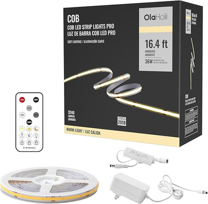 16.4ft COB LED Strip Light with Remote, 3000K Dimmable Bright Warm White Led COB Strip Light, White Continuous Led Strip Light for Mirror, Stair, Cabinet, Room