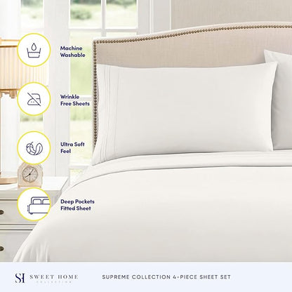 Twin Sheets - Breathable Luxury Sheets with Full Elastic & Secure Corner Straps Built In - 1800 Supreme Collection Extra Soft Deep Pocket Bedding Set, Sheet Set, EXTRA DEEP pocket - Twin, Ivory