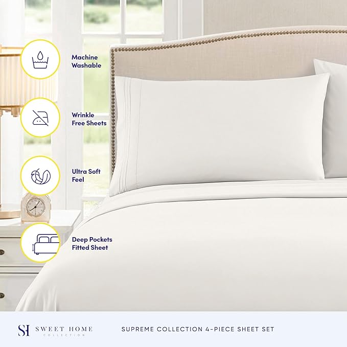 Twin Sheets - Breathable Luxury Sheets with Full Elastic & Secure Corner Straps Built In - 1800 Supreme Collection Extra Soft Deep Pocket Bedding Set, Sheet Set, Twin, Ivory