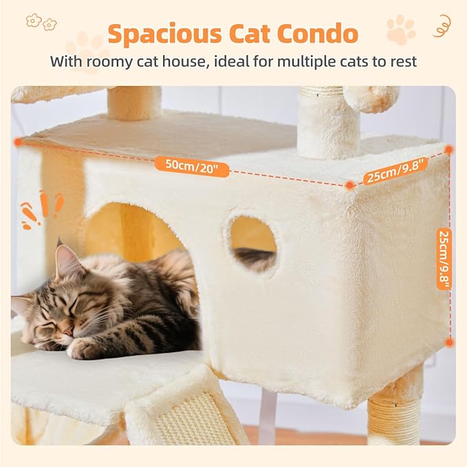Taoqimiao Cat Tree 57.5-Inch, Cat Tower for Indoor Cats Large Adult, Extra Large Cat Condo, 8 Sisal Scratching Posts, Metal Frame Cozy Hammock, Durable Scratch Board, 2 Top Perches, Beige MS026M-Mewly Pet