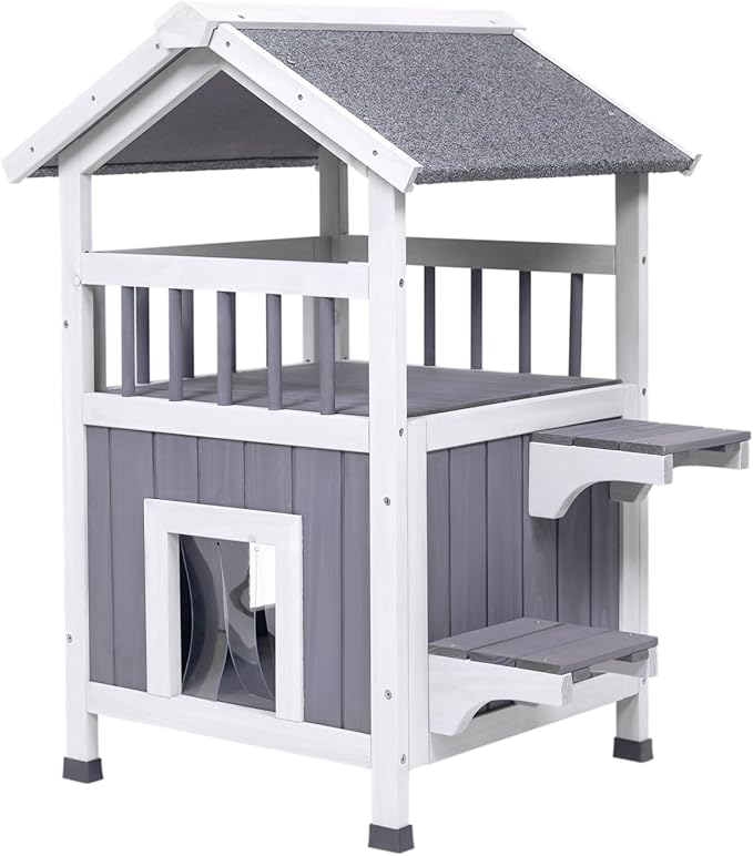 GEGURI Outdoor Cat House Weatherproof, Wooden Two-Story Feral Cat Shelter with, Escape Door, Balcony-Mewly Pet