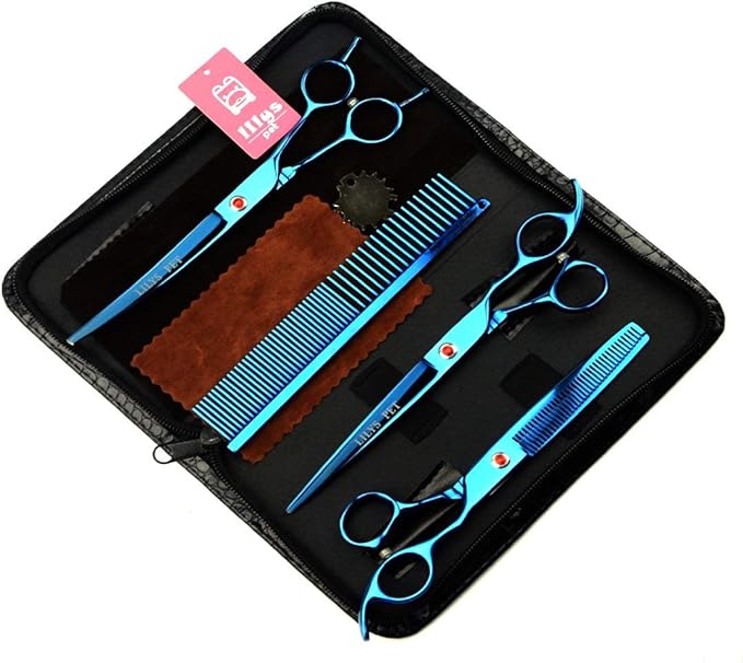 LILYS PET Professional PET Grooming scissors Kit,Coated Titanium,Sharp and Strong Stainless Steel Blade for Dogs Cats Hair Cutting,3 Pieces of Scissors with a Comb and a Case (7.0 inches, Blue)-Mewly Pet