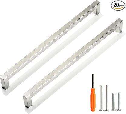 Cabinet Pulls Brushed Nickel Cabinet Handles Square Drawer Pulls, 20 Pack 12-3/5 Inch Stainless Steel Kitchen Door Cupboard Handles, Cabinet Hardware Drawer Handles, 320mm Hole Centers