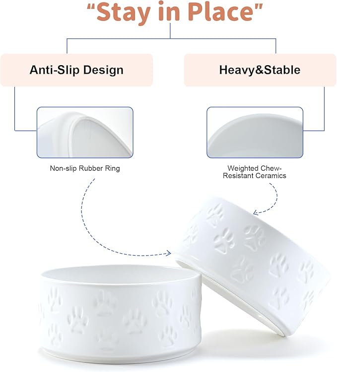 SPUNKYJUNKY Ceramic Dog and Cat Bowls 2 Pack, 6.1'' Dog and Cat Food Water Double Feeding Bowls Non-Slip for Large Sized Breed Microwave Dishwasher Safe - 28.7 OZ, 2pcs, Paw White-Mewly Pet