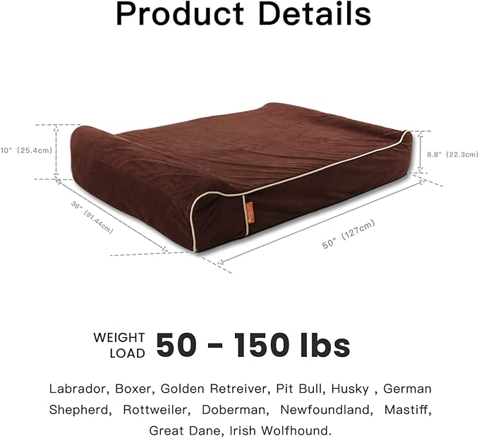 Laifug Orthopedic Memory Foam Extra Large Dog Bed Pillow(50"x36"x10", Chocolate) Durable Water Proof Liner & Removable Washable Cover & Smart Design-Mewly Pet