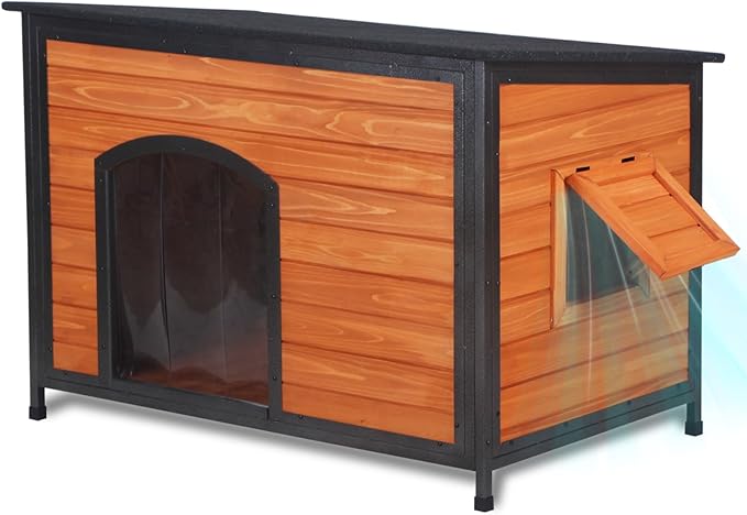 Dog House Outdoor Weatherproof 43.3" L Chew Proof Dog Kennel for Small Medium Large Dogs with Strong Metal Chew Proof Frame Raised Design-Mewly Pet