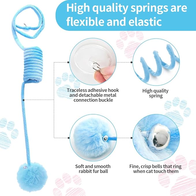 Hanging Plush Cat Toy Ball, Interactive Cat Toys for Indoor Cats with Bell, Cat Springs to Keep Them Busy/Reduce Boredom, 80 Inch-Upgraded (Blue+Pink)-Mewly Pet