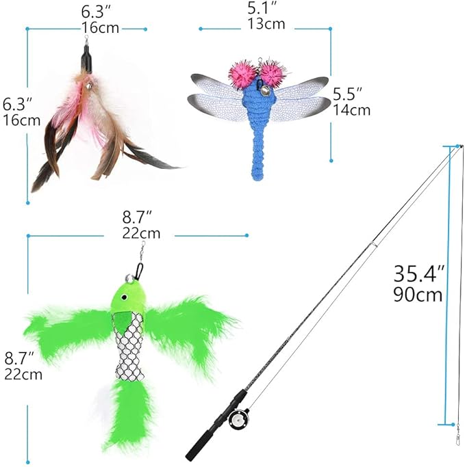 Pawaboo Cat Feather Toys, 4 Pack Interactive Teaser Wand, Retractable Fishing Pole Catcher Exerciser With Refill Fish, Dragonfly Worm With Bells, Fun Kitten Kitty Playing Toy-Mewly Pet