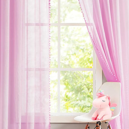 Treatmentex Pom-Pom Sheer Curtains for Bedroom 84 inches Linen Textured Look Pink Sheer Window Draperies for Girl's Room, 52" w x 2 Panels, Red, Rod Pocket