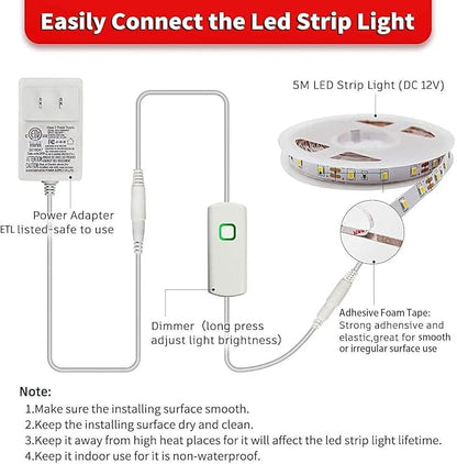 MY BEAUTY LIGHT White LED Strip Lights,16.4ft Dimmable LED Light Strip,12v Flexible LED Rope Lights Kits for Kitchen Cabinet Mirror Bedroom Party Decor