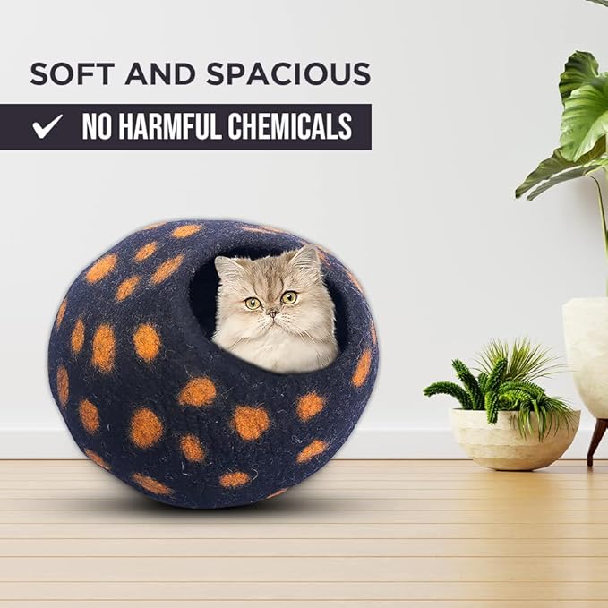 Woolygon Premium Felt Cat Cave Bed - Polka Dot Series - Wool Kitty Beds Handcrafted Kitten Caves Bed for Indoor Cats - Eco-Friendly Merino Wool, Foldable Cat Hideaway Cat Houses (Yellow/Black Dots)-Mewly Pet