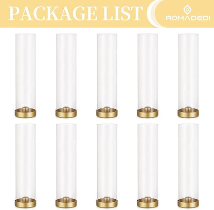 Romadedi Glass Hurricane Candle Holders Gold - 12 Inch Taper Candlestick Holder Bulk Clear Glass Cylinder Table Centerpiece Wedding Decor Party Birthday Christmas Home Decorations, Set of 10