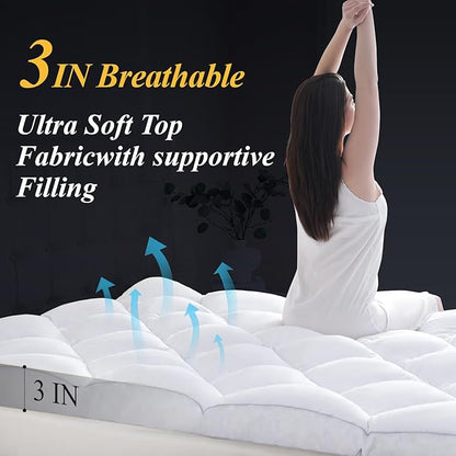 DOWNCOOL 3 Inch King Mattress, Ultra Thick and Fluffy Supportive Memory Foam Mattress Topper for Body Pain, Pad with Breathable Mesh Design for Deep Sleep, 80x78x3 Inches