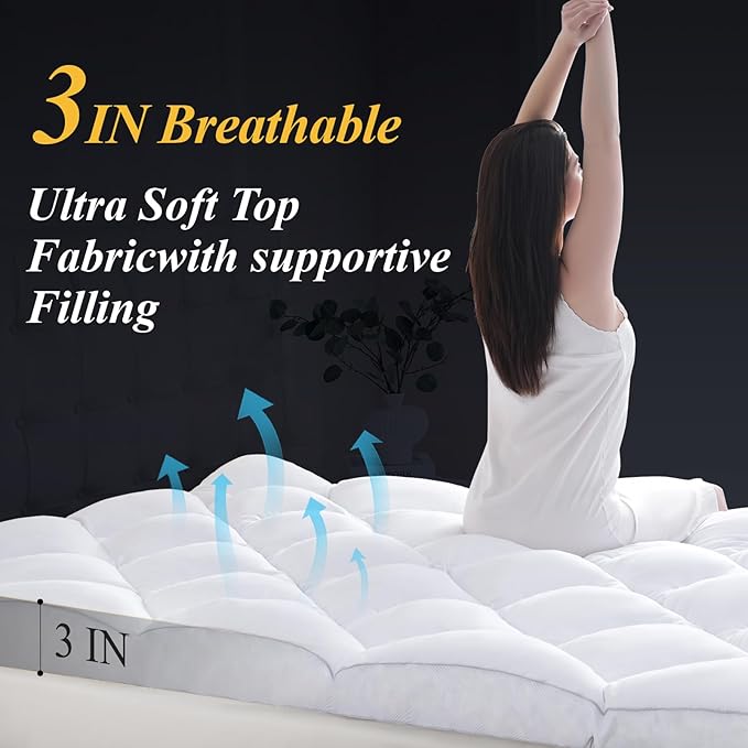 DOWNCOOL 3 Inch Queen Mattress Topper, Ultra Thick and Fluffy Supportive Memory Foam Mattress Topper for Body Pain, Mattress Pad with Breathable Mesh Design for Deep Sleep, 80x60x3 Inches