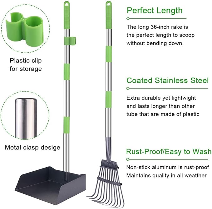 TNELTUEB Extra Large Dog Pooper Scooper, Metal Pet Poop Tray & Rake Set, Adjustable Long Handle for Large Dogs - Great for Grass/Street/Gravel-Mewly Pet
