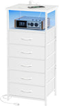 Fixwal Tall Nightstand with Charging Station and LED Lights, Night Stand with PU Finish Fabric Storage Drawers, 5 Drawer Dresser, White