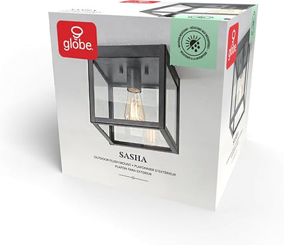 GLOBE Electric 60000020 1-Light Outdoor Flush Mount Ceiling Light Fixture, Matte Black, Clear Glass Shade, Front Porch Décor Lighting, Weather Resistant