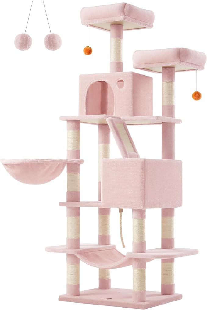 Feandrea Cat Tree, 66.1-Inch Large Cat Tower with 13 Scratching Posts, 2 Perches, 2 Caves, Basket, Hammock, Pompoms, Multi-Level Plush Cat Condo for Indoor Cats, Jelly Pink UPCT165P01-Mewly Pet
