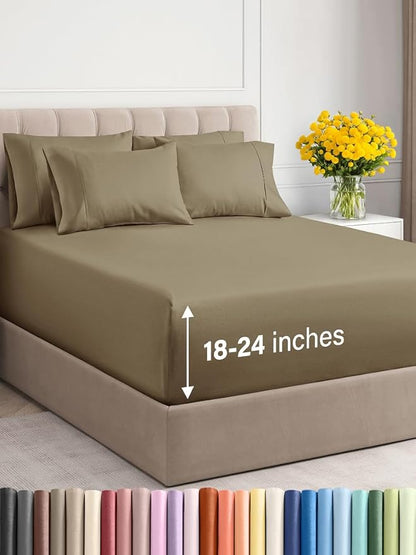 Extra Deep Queen Sheet Set - 6 Piece Breathable and Cooling Sheets - Hotel Luxury Bed Sheets Set - Easy & Secure Fit - Soft, Wrinkle Free and Comfy Sheets Set - Khaki Sheet Set with Extra Deep Pockets