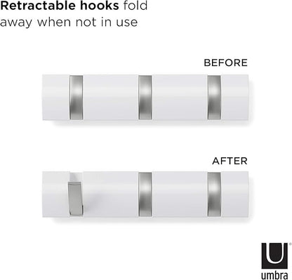 Umbra Flip Wall-Mounted Coat Rack Rail Hook for Hats, Jackets, Bags and More – Modern, Space-Saving Storage Organizer for Entryway, Mudroom, Closet, Bathroom, Bedroom, Kids Room, or Nursery, 3 Hooks,