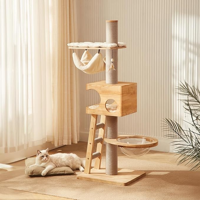 63-inch Modern Cat Tree, Luxury Cat Tower with Scratching Post, Unique Cat Condo with Hammock, Heavy Duty Kitty Climbing Tree for Indoor Cat, Wooden Kitty House for Small Medium Large Cats-Mewly Pet
